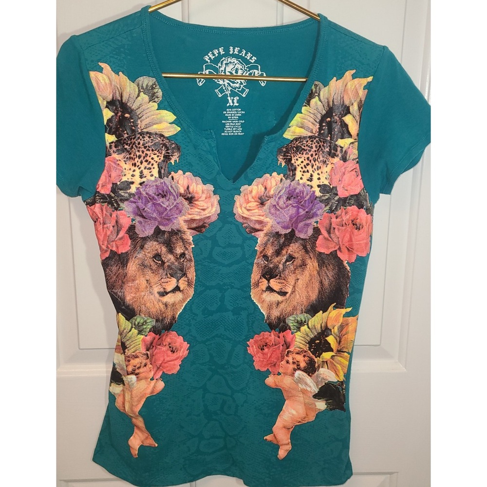 VTG Pepe Jeans London Womens Teal Short Sleeve T Shirt Size XL Logo Graphic Lion